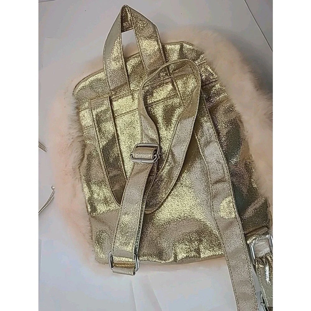 Gold Metallic Faux Fur Pink Backpack w/ Silver Gold Stars Toddler Little Girl